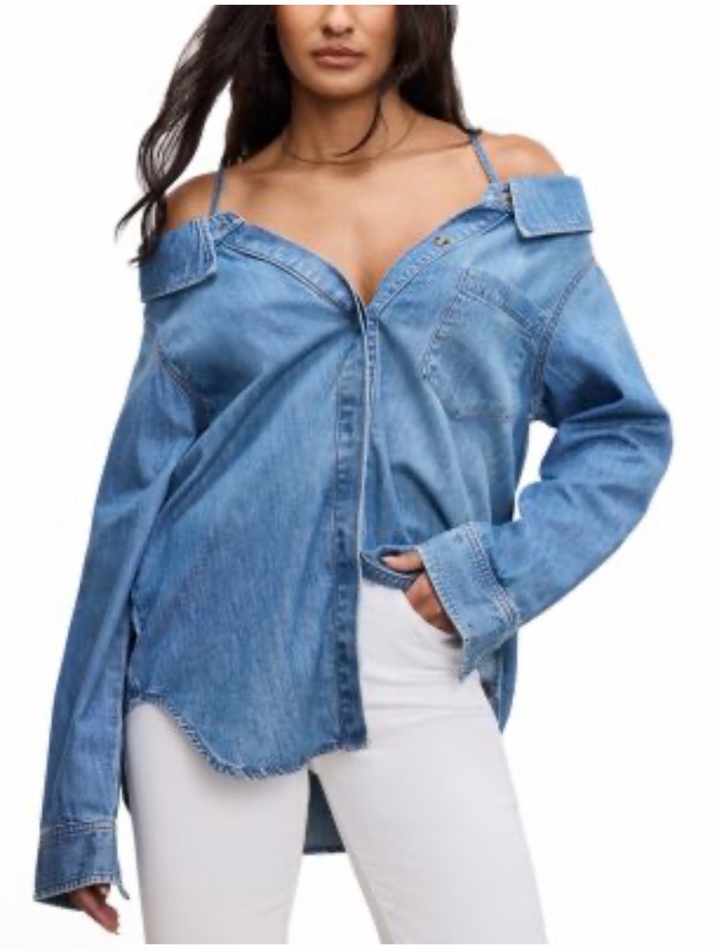 Good American Light Blue Off-Shoulder Denim Button-Down